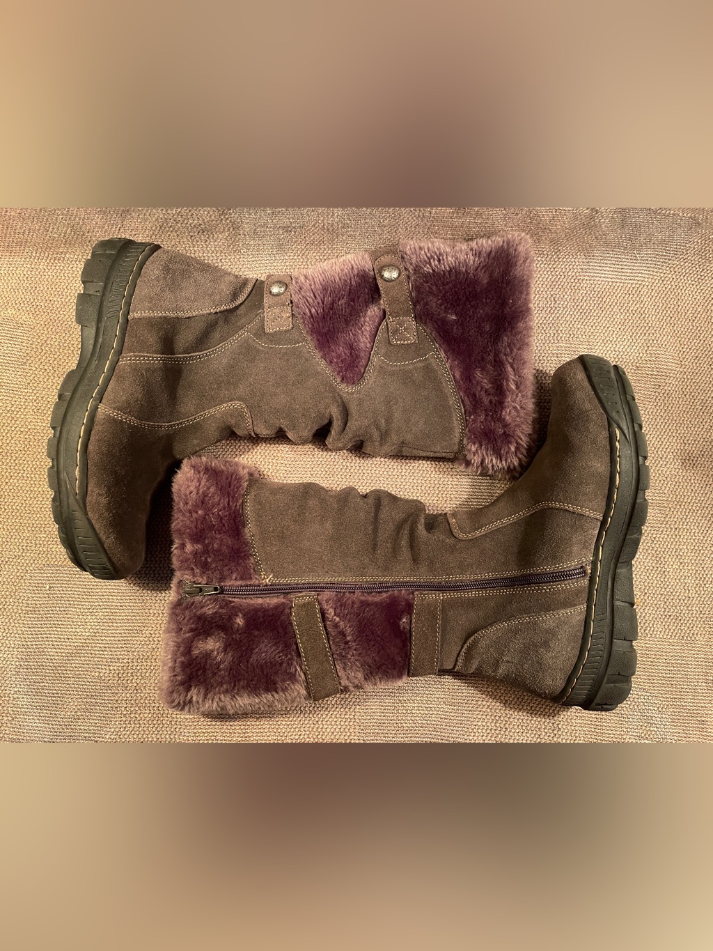 Bare Traps Della Suede Tall Boots With Plush Faux Fur Trim - Plum And Brown